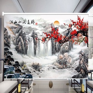 中式 定制山水画窗帘办公室客厅卧室卷帘手拉式 风景挂画全遮光卷帘