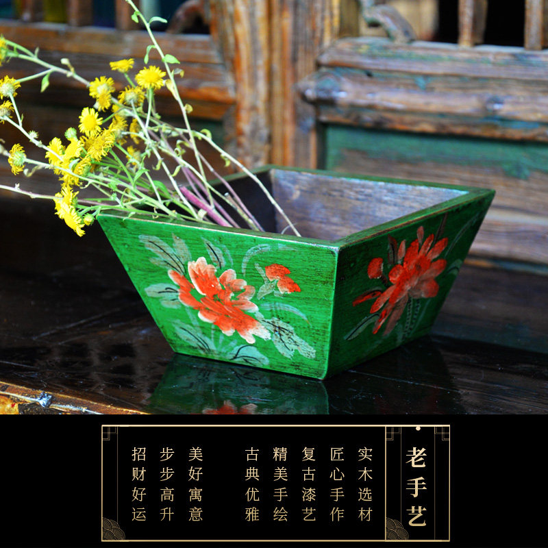 实木米斗手绘花摆件升子装饰花器中式彷覆古做旧日进斗金招财好运