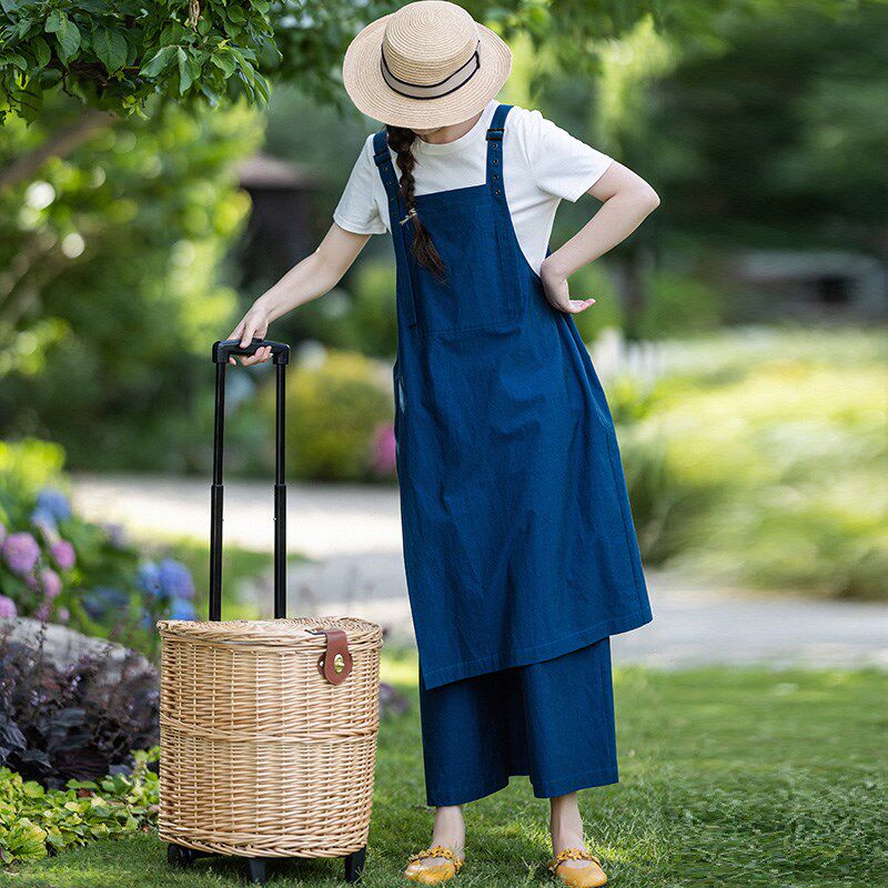 【诗里寻】色织纯棉背带裤女夏季薄款2023新款休闲阔腿裤宽松裙裤