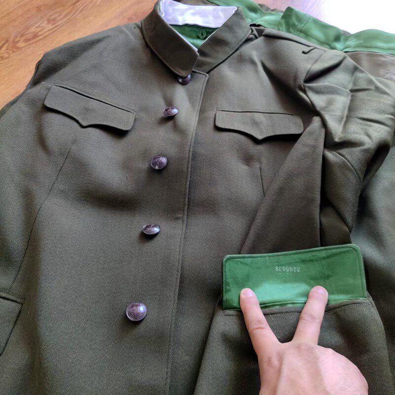 90年代马裤呢中山装中老年爸爸带肩眼肩袢中山服毛料55马裤呢套装