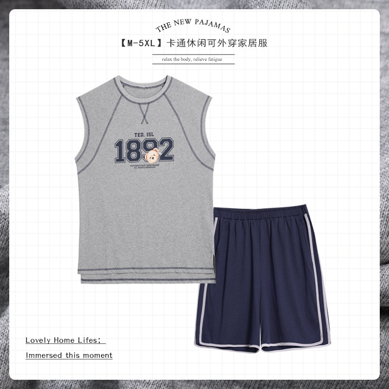 夏季新款无袖情侣睡衣女纯棉背心短裤大码休闲外穿男士家居服套装