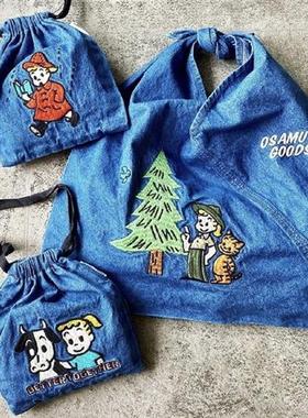 ri单全新新款原田治 osamu goods牛仔蓝灰刺绣手挽包抽绳包