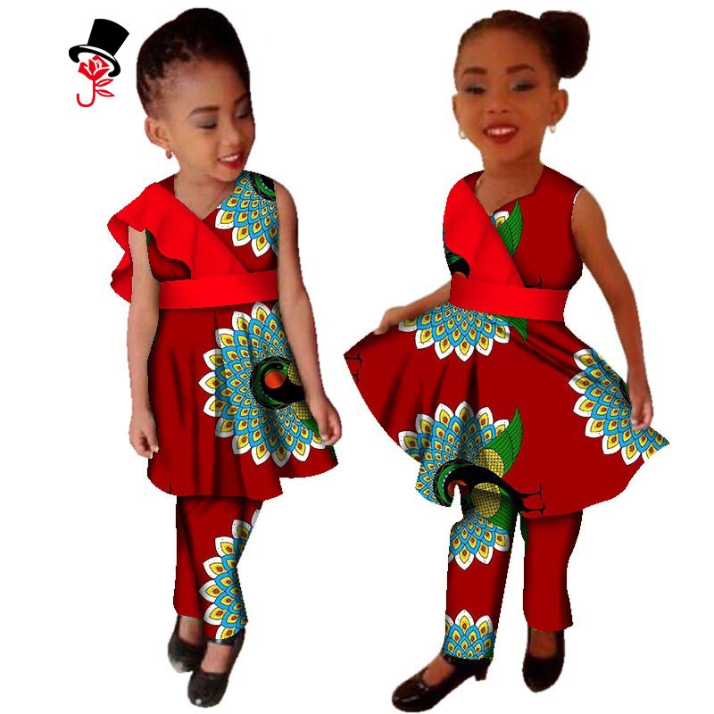 定制 非洲蜡布民族印花女童装裙装和裤子套装African clothes