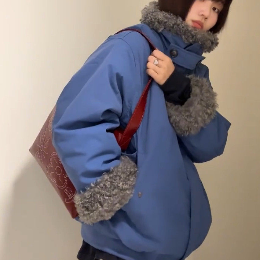 美式复古蓝色毛毛拼接夹克外套女秋冬季设计感加厚保暖棉服派克服,个性定制/设计服务/DIY,棉服工装,淘宝优惠券,粉丝福利购,淘宝优惠卷