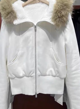 BM商城 美式WM毛领连帽卫衣外套女短款收腰拉链加绒修身毛毛外套