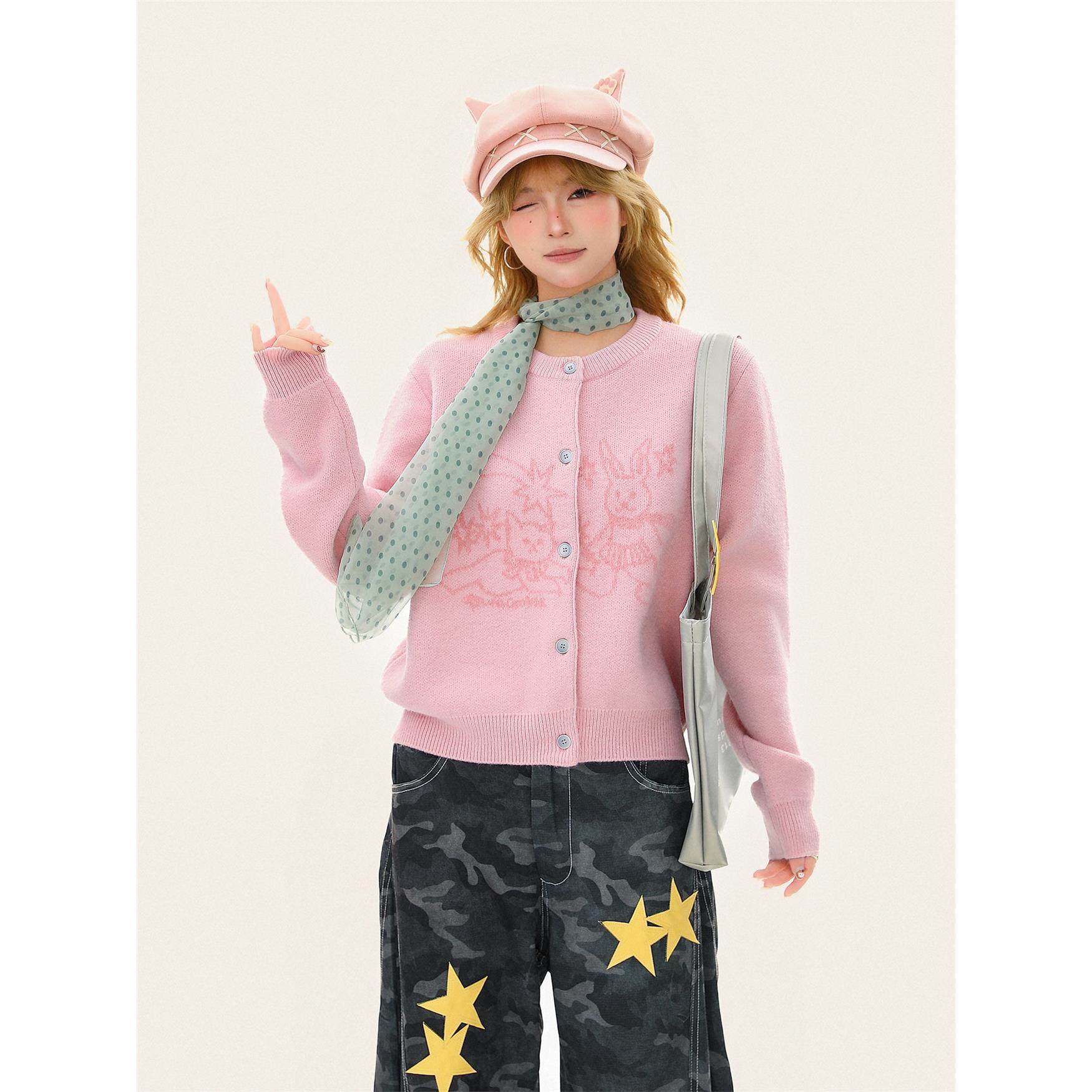 卟噜饼干可爱小兔印花粉色圆领毛衣外套女秋冬季修身短款针织开衫