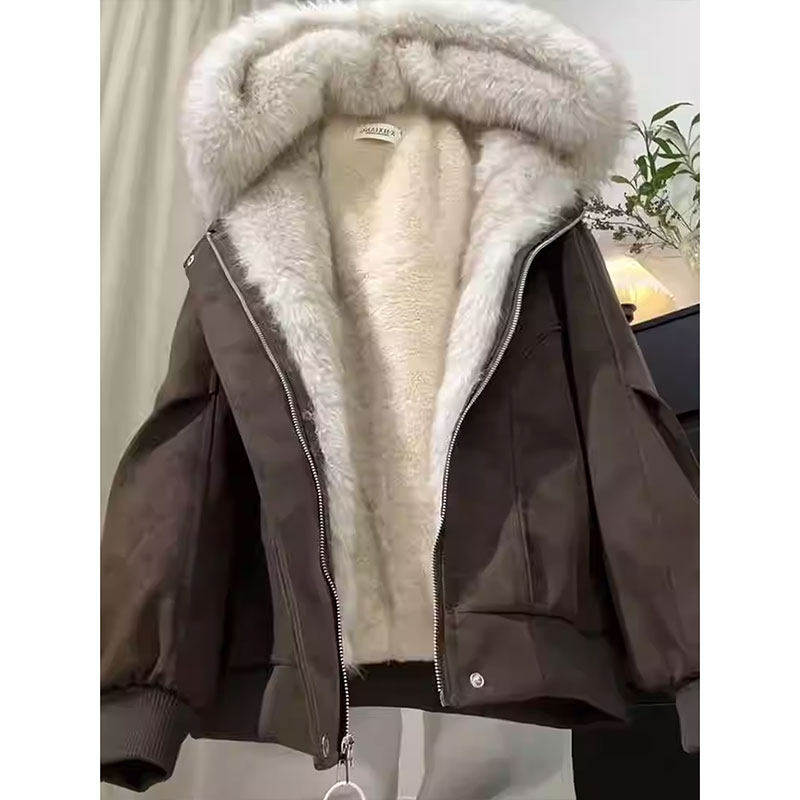 美式复古毛领座山雕连帽夹克女秋冬新款皮面宽松加厚加绒外套,个性定制/设计服务/DIY,棉服工装,淘宝优惠券,粉丝福利购,淘宝优惠卷