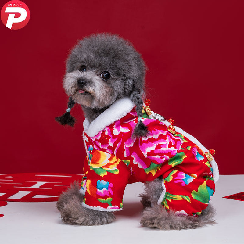 宠物小狗衣服秋冬季2024新款加绒加厚款新年东北大花唐装四脚棉衣