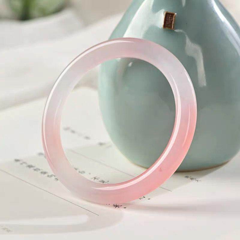 手镯天然粉圆条玉镯水晶镯子女冰种粉晶玉礼物粉色少女冰粉郁金香