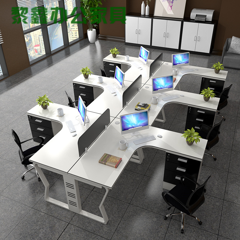 现代办公家具两人员工位卡座黑白弧形蝴蝶脚钢架四人位组合办公桌