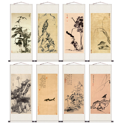 八大山人卷轴画名家字画丝绸画绢画宣纸仿古画墨荷图双鹿小鱼双鹰