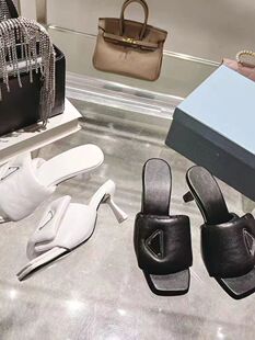 真皮方头高跟鞋细跟小猫跟p一字露趾粗跟凉鞋外穿女2023夏季家女