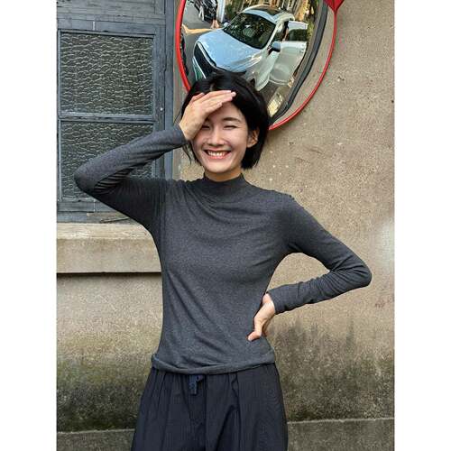 周浪清灰色山羊绒半高领内搭打底衫女2025年新款秋装修身长袖上衣