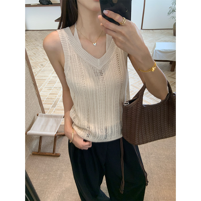 oooiss假两件亚麻天丝镂空钩花编织针织挂脖吊带背心夏女无袖上衣