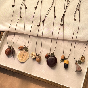 天然植物双果实吊坠简约森系项链复古文艺小清新长款毛衣链配裙子