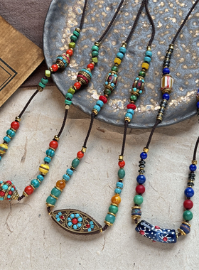 尼泊尔铜珠藏式民族风彩石项链
