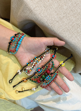 泰式多层原创复古民族风手工编织手链云南天然石波西米亚异域手绳