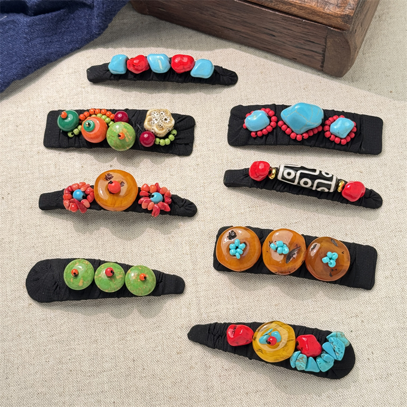 复古民族风藏式天珠松石蜜蜡发夹手工编织小众设计刘海边夹配饰女