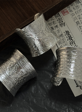 苗族民族风凹宽面苗银手镯