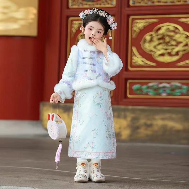 格格女童冬季汉服儿童古装旗袍宫廷新款套装清朝国风加厚秋冬拜年