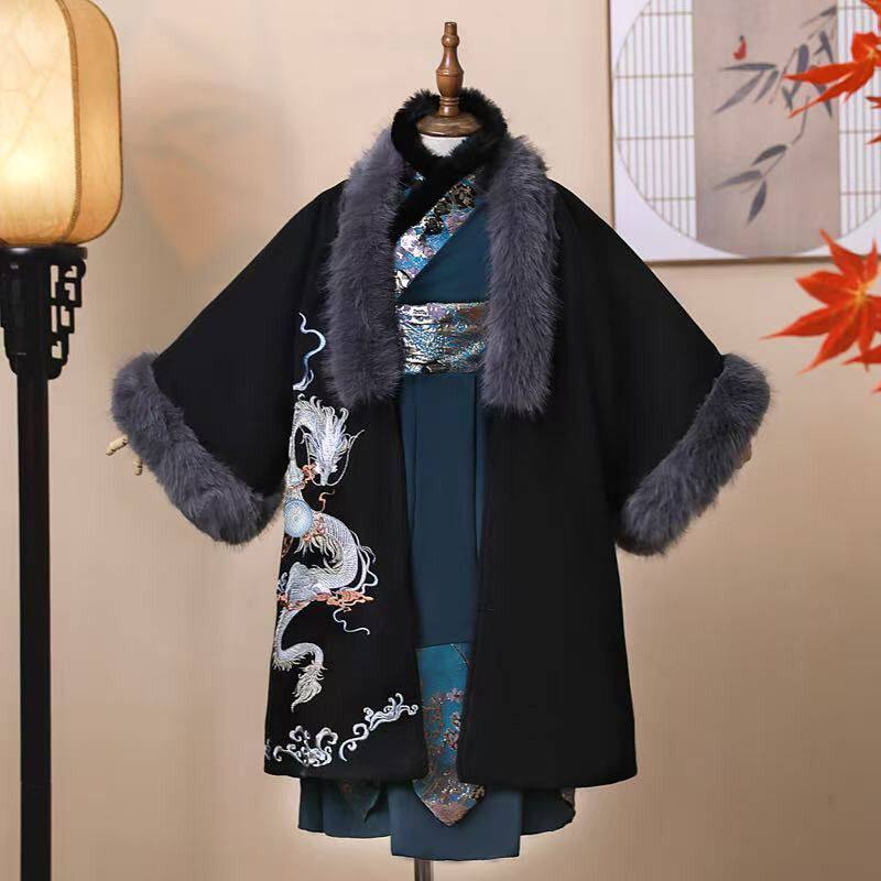 原创汉服仿狐狸毛领保暖加绒对襟袍男孩亲子装冬季汉服裘衣半袖披