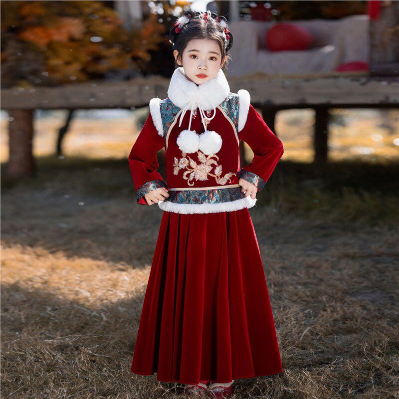 汉服女童拜年服冬季加厚儿童唐装礼服2025新款过年喜庆衣服套装