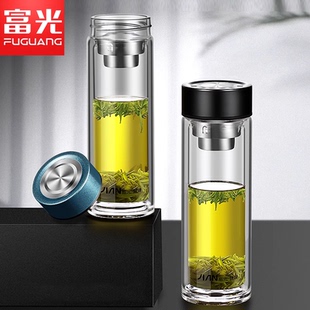 透明泡茶杯家用耐高温带滤网茶水分离杯 富光双层玻璃杯女商务男士