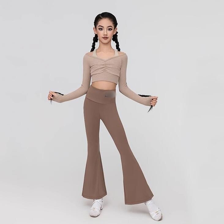 新款拉丁舞服女童一字肩露脐长袖高腰喇叭裤分体练功服比赛服套装