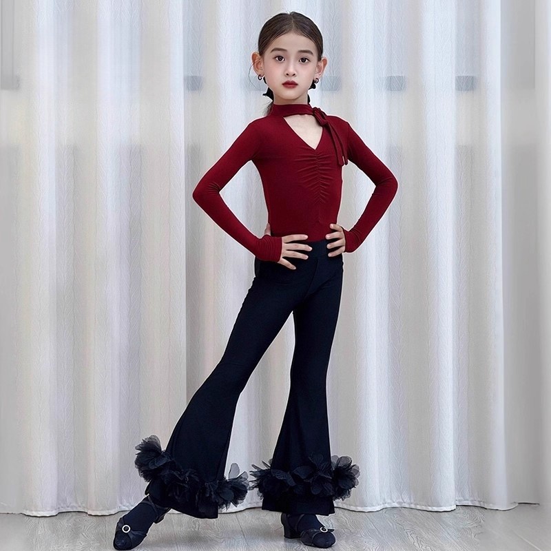 秋冬女儿童拉丁舞服长袖喇叭长裤