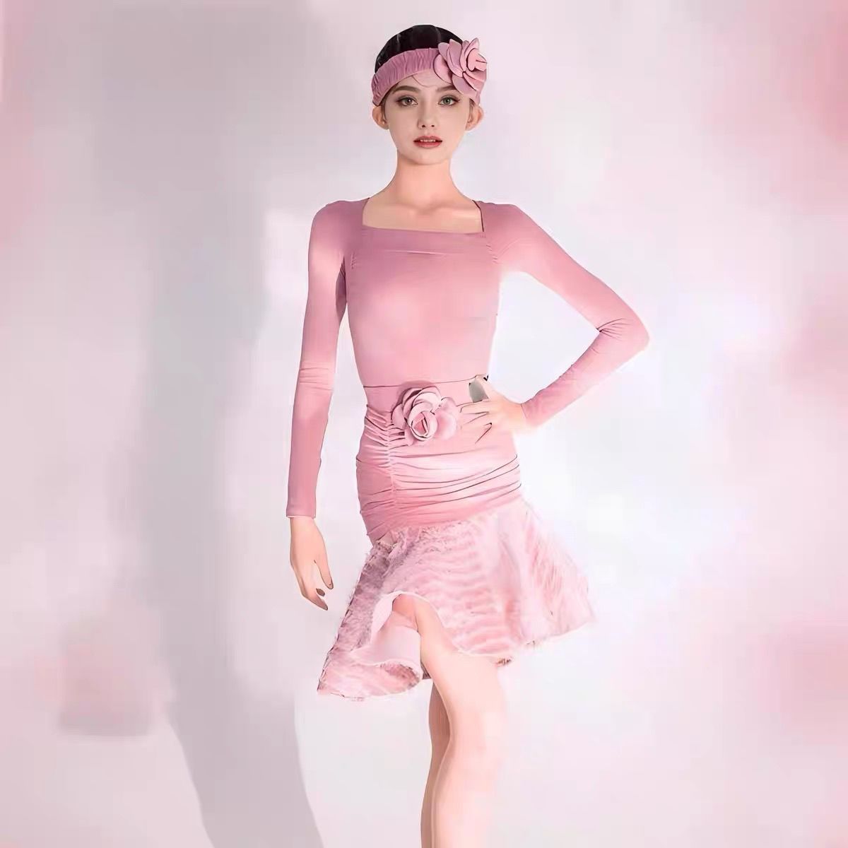 冬季拉丁舞粉色练功分体套装女童