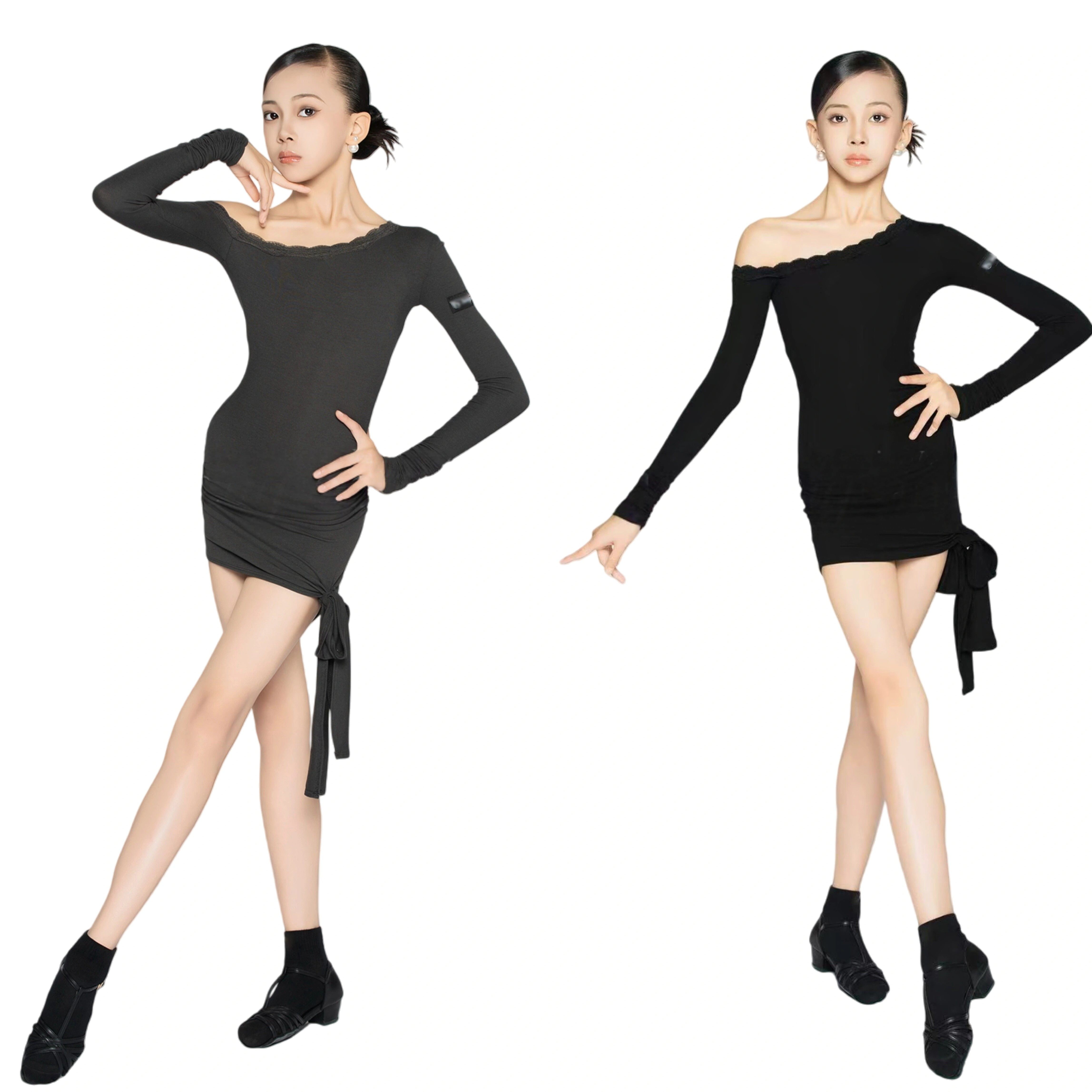 秋冬女童拉丁褶皱长袖绑带连衣裙