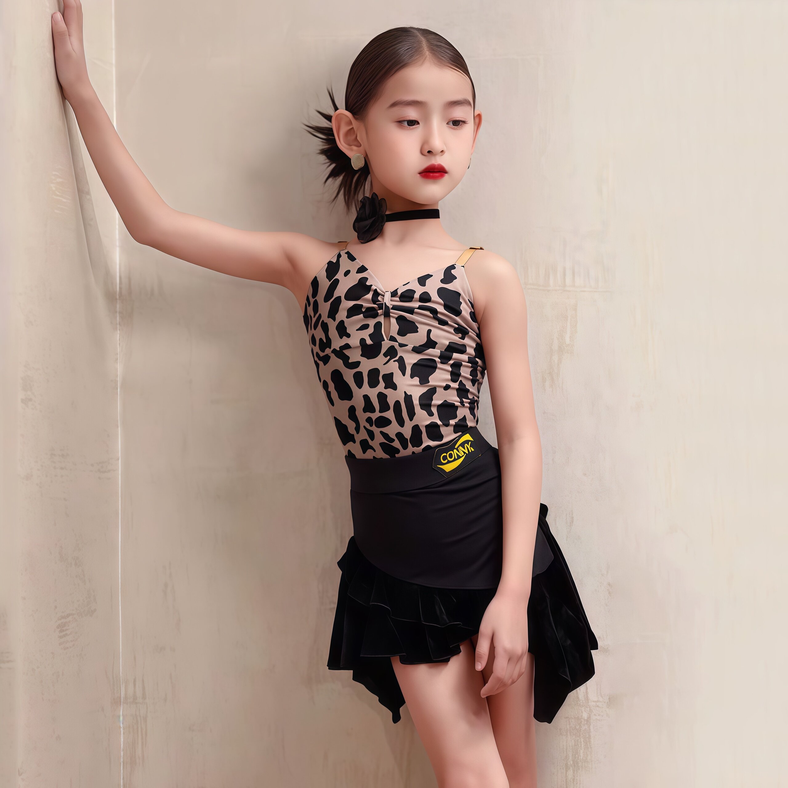 2026夏新款拉丁舞蹈服女童豹纹吊带连体上衣半身裙套装舞蹈练功服