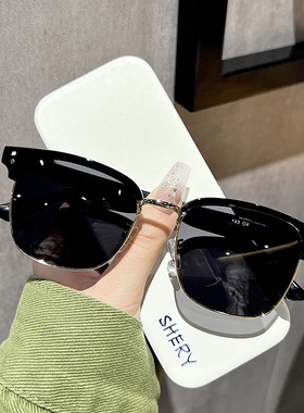 新款黑色半框墨镜男复古偏光太阳镜女文艺高级感防紫外线遮阳墨镜