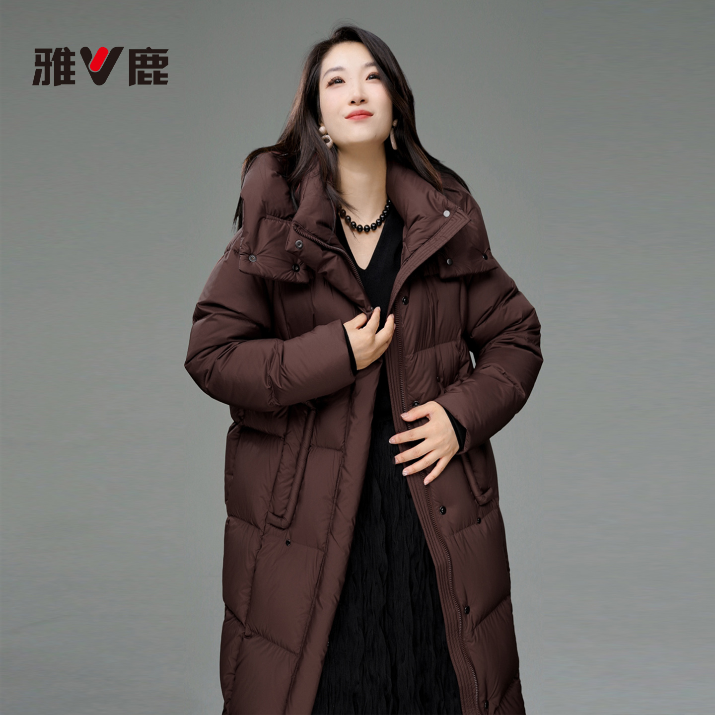 雅鹿官方正品新款冬季加厚女士中长保暖防寒宽松休闲黑羽绒服外套