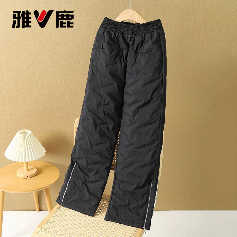 雅鹿时尚百搭外穿保暖阔腿裤新款冬季高腰休闲羽绒裤女款黑色裤子图片