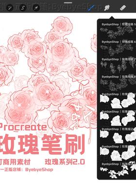 【2.0】Procreate玫瑰花笔刷 描边线稿 可商用花卉素材 拜拜小靳