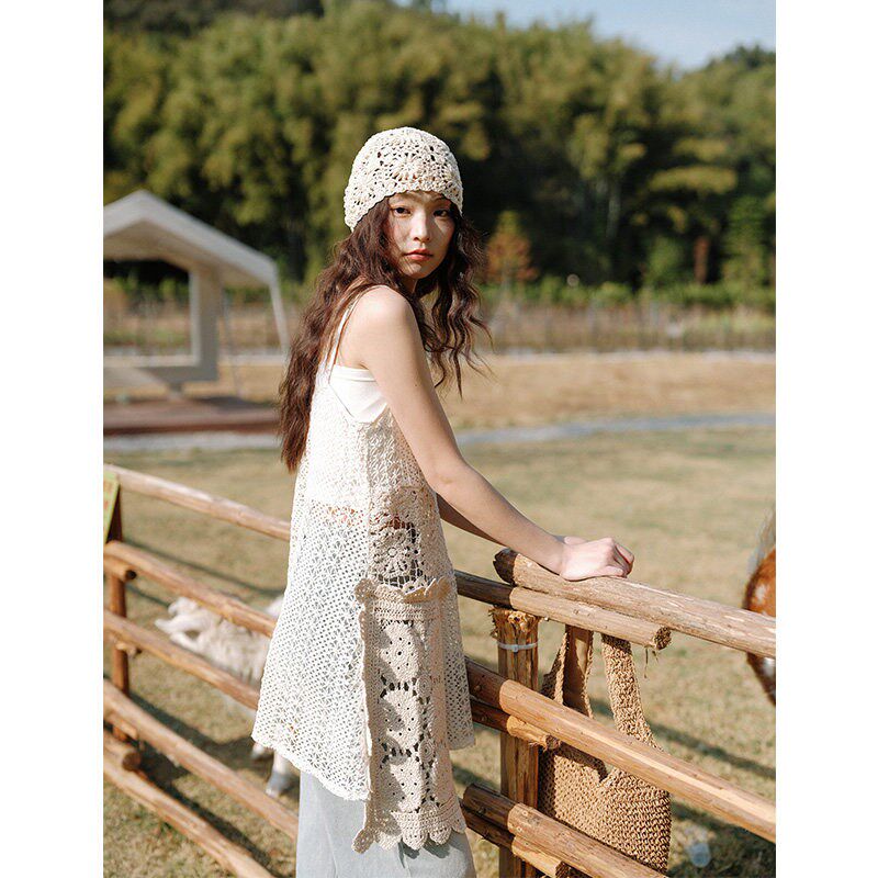 波西米亚度假风海边吊带衫镂空针织连衣裙外搭蕾丝叠穿吊带裙罩衫