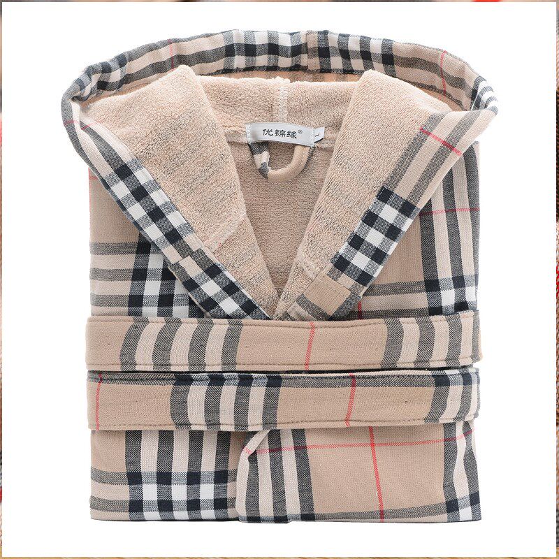 新款成人纯棉带帽浴袍秋冬加厚奢华男女全棉长款浴衣格子酒店游泳