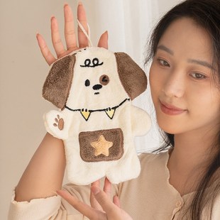 女柔软儿童可爱洗手卡通手帕家用 可爱狗狗珊瑚绒擦手巾吸水挂式