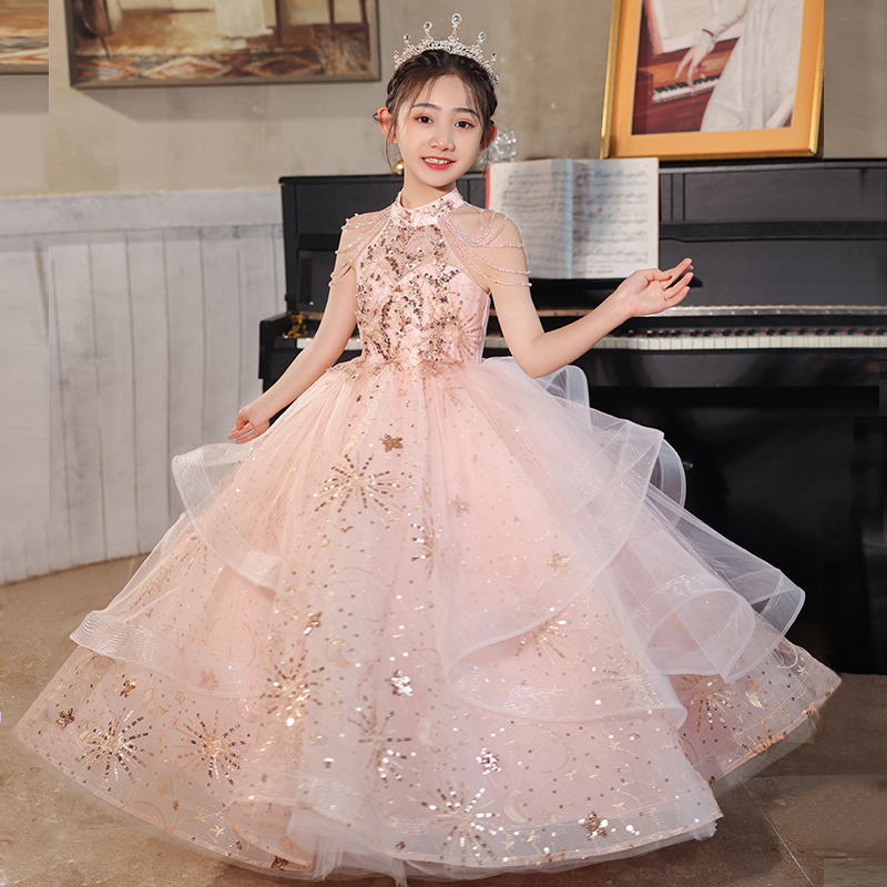 高端儿童晚礼服女童公主裙粉色花童小女孩挂脖主持人钢琴演出服夏