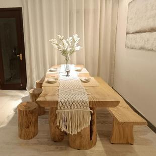 现代约实木餐桌椅组合饭桌子简长方形展吃示桌饭原木桌办MNA公泡