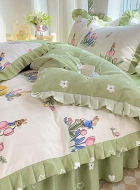 WR1O超O%纯加厚亲肤棉件套JNW5四季萌可爱卡通床单床裙花边裙边四