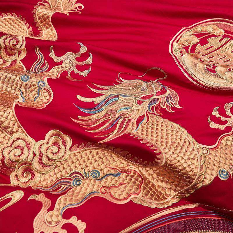 新龙凤刺绣婚庆四件套上纯棉式全棉床单被套红中AVQ色结婚陪嫁床