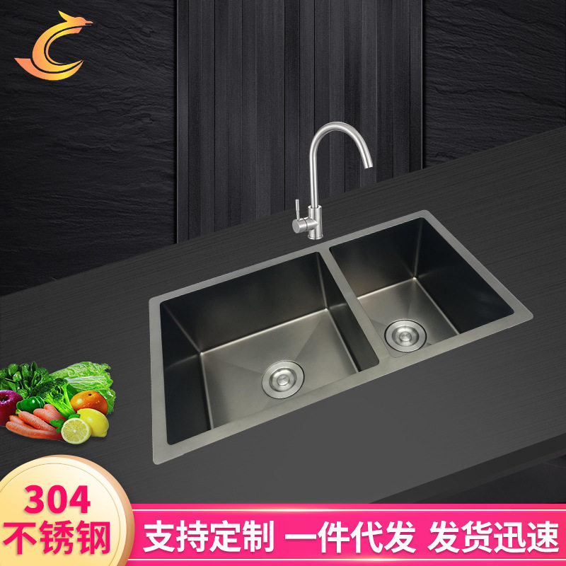 台下圆角厚边子母盆 304黑纳米不锈钢手工水槽洗手双槽 厂家直销