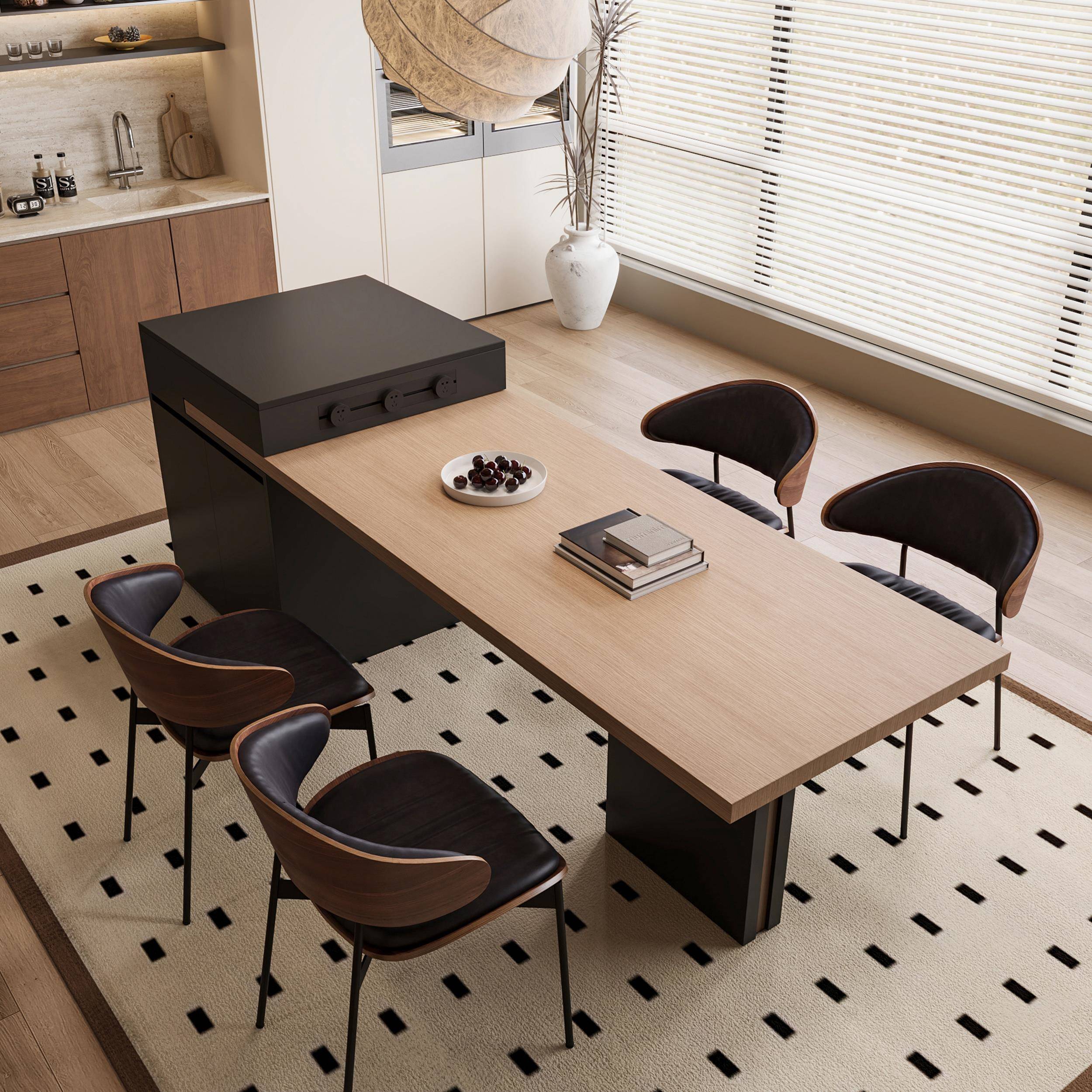 岛餐桌岩一体可伸家用板导台成品胡台缩桃GJL木纹厨房小户型中岛