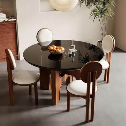 中钢化餐玻璃椅家用法式复桌古胡桃色实木设LIB计师圆形古饭桌子