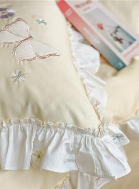 女纯小清新蝴蝶刺绣仙黄色套长被绒棉四件套棉OTO公主床上用品