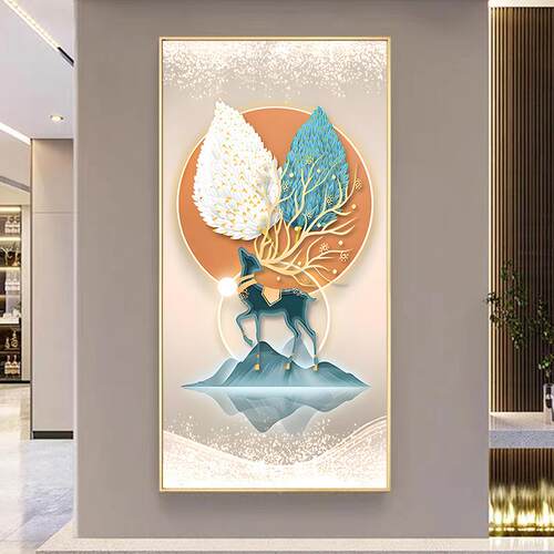 关装饰画九鱼图轻奢高档玄客厅大气鹿ONB挂画入户进门壁走廊道过