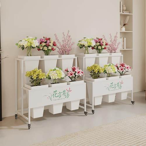 花店移动阶梯花架铁艺可多层万RDS向鲜花展示架带货架塑料鲜花桶