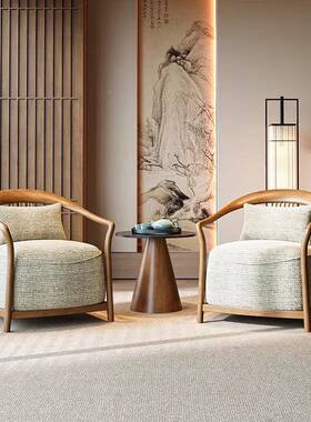 新中实木单人沙发椅设式计师酒店堂奢商务大休息区RHE轻一桌两椅